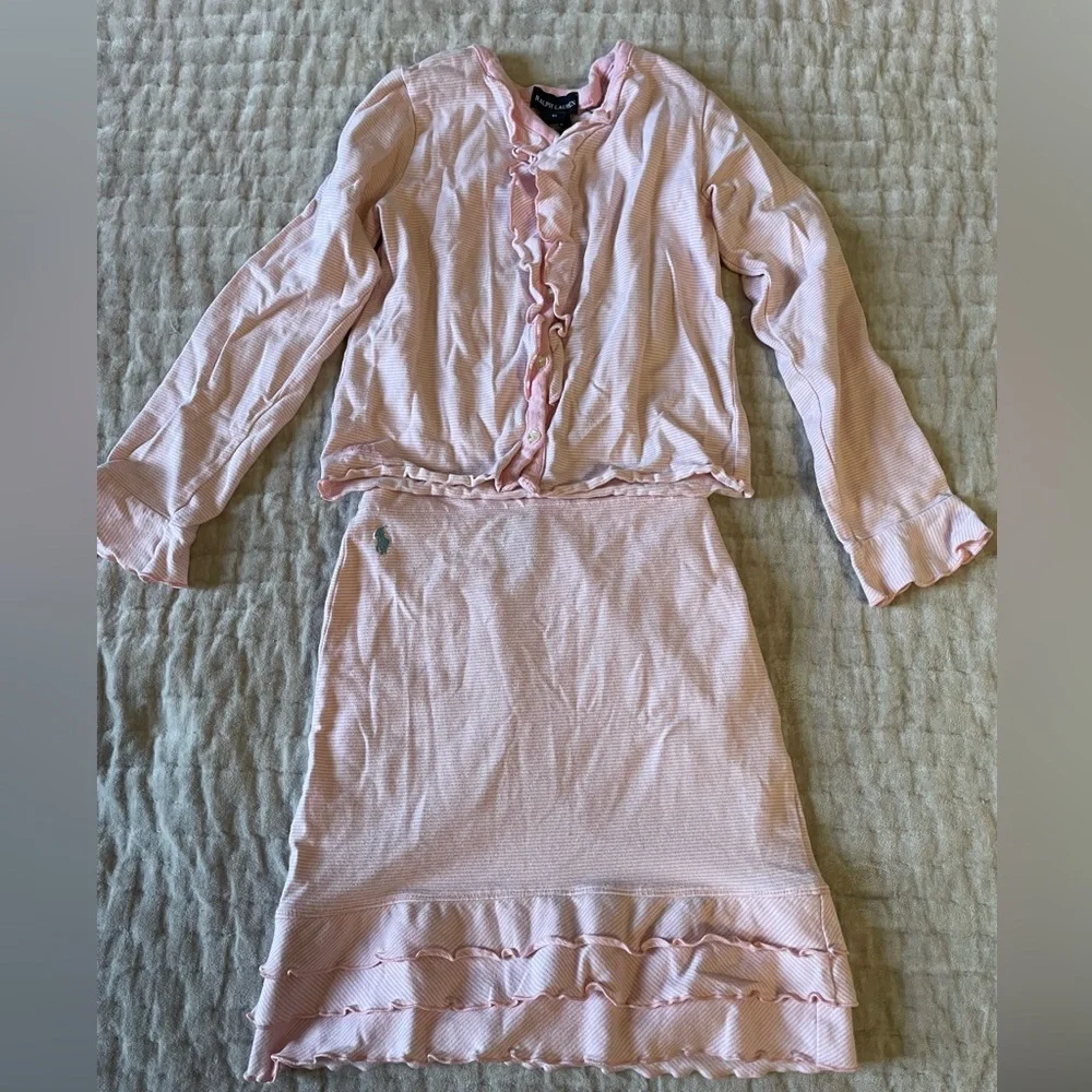 RALPH LAUREN Hamptons Striped Ruffled Cardigan & Skirt Set Pink White Cotton Y2K